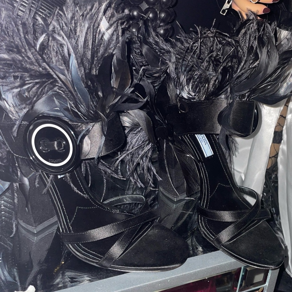 Prada Black Feathered Sandals